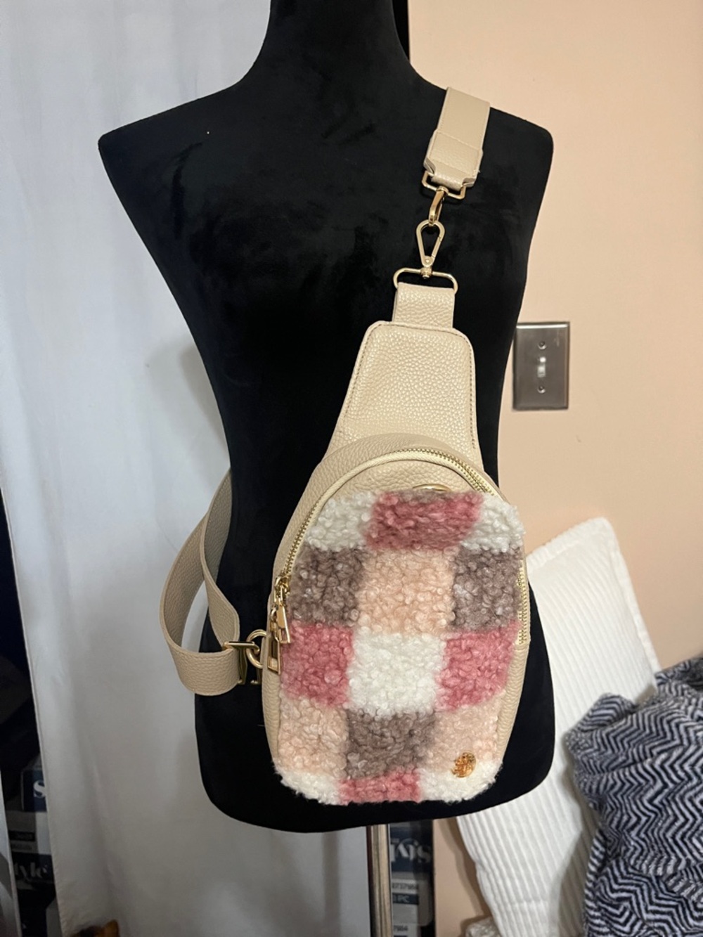 Simply Southern Cream Patchwork Sherpa Crossbody Sling with Pink Accents